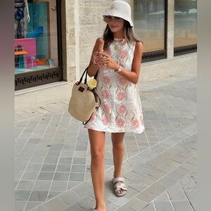 Commense White Mini Dress with Pink Floral Embroidery